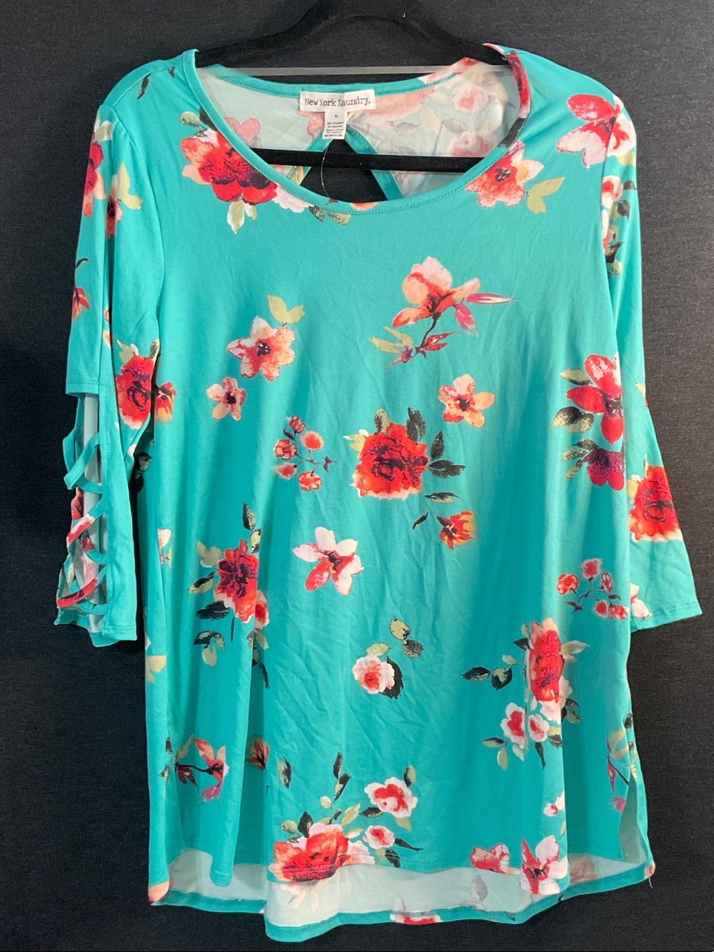 New York & Company Teal Floral Tie-Sleeve Tunic Top